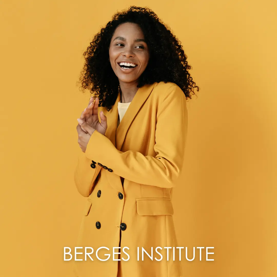 An adult woman over a yellow background